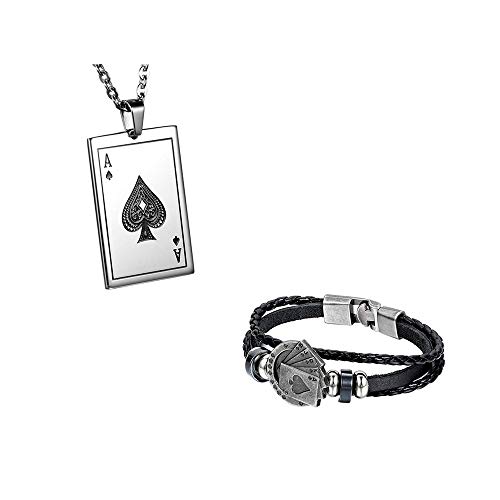 JewelryWe Schmuck Halskette mit Anhänger für Damen und Herren, Länge 55 cm, erhältlich Poker J Edelstahl Silber (mit Geschenktasche), Leder, Keine_Edelstein von JewelryWe