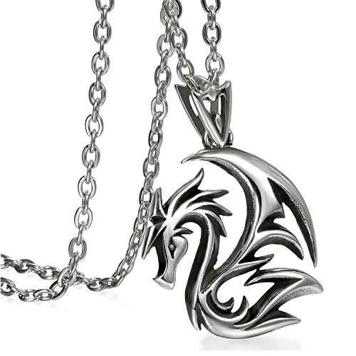 JewelryWe Schmuck Herren Anhänger Halskette, Edelstahl Gotik Drachen Anhänger mit 55cm Kette, Schwarz Silber von JewelryWe