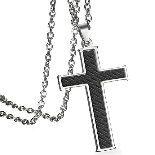 JewelryWe Schmuck Herren Anhänger Halskette Edelstahl Klassiker Kohlefaser Kohlenstoff Faser Kreuz Anhänger mit 55cm Kette Schwarz Silber von JewelryWe