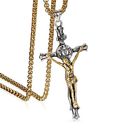 JewelryWe Schmuck Herren Anhänger Halskette Edelstahl großer katholischer Jesus Christus INRI Kruzifix Kreuz Anhänger mit 55cm Venezianer Kette Gold Silber von JewelryWe
