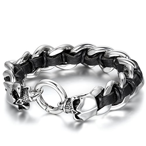 JewelryWe Herren Armband, Gothic Totenkopf Schädel Leder Linkarmband Armreif Schwarz Silber von JewelryWe