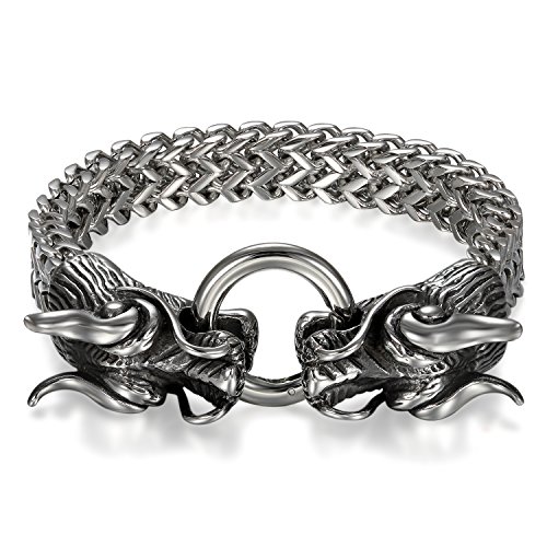 JewelryWe Schmuck Herren Armband, Edelstahl, Wikinger Gotik Gegenüber Drachen Biker Panzerkette Armkette, Schwarz Silber von JewelryWe