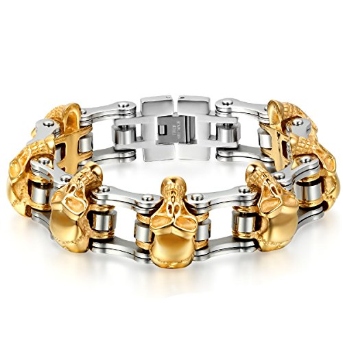 JewelryWe Schmuck Herren Armband, Edelstahl, Gotik Totenkopf Schädel Fahrradkette Biker Link, Gold Silber von JewelryWe