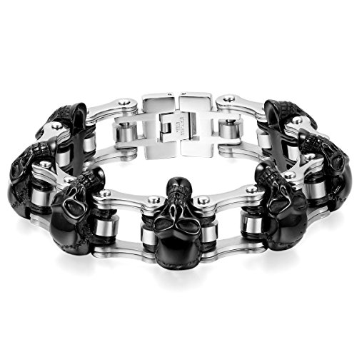 JewelryWe Schmuck Herren Armband, Edelstahl, Gotik Totenkopf Schädel Fahrradkette Biker Link, Schwarz Silber von JewelryWe