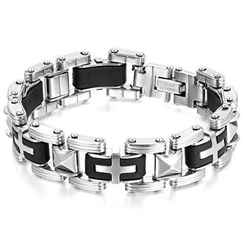 JewelryWe Schmuck Herren Armband, Edelstahl Kautschuk, Kreuz Rechteck Link Biker Armkette, Schwarz Silber von JewelryWe