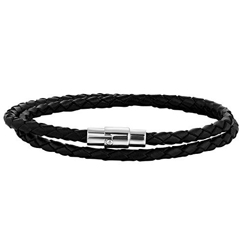 JewelryWe Schmuck Herren Armband, Einfach Geflochten Lederarmband Armreif, Leder Edelstahl, Magnetverschluss, Schwarz Silber, 7.5 Zoll von JewelryWe
