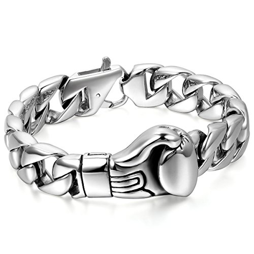 JewelryWe Schmuck Herren Armband, Einzigartig Boxhandschuh Boxhandschuhe Handschuhe Panzerkette Poliert Link, Edelstahl, Silber von JewelryWe