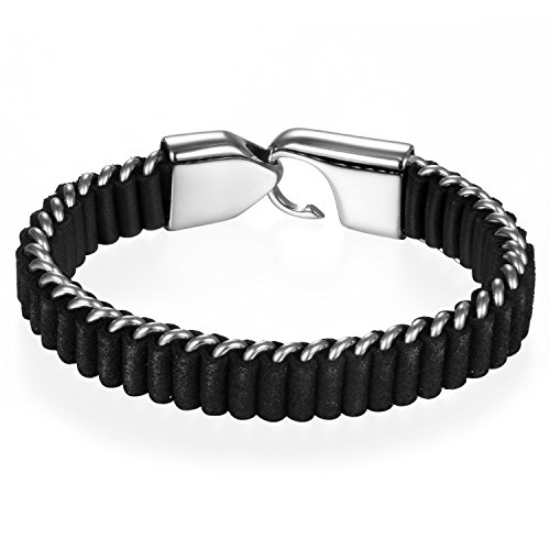 JewelryWe Schmuck Herren Armband, Einzigartig Poliert gebogene Haken geflochten Lederarmband Armreif, Leder Edelstahl, Schwarz Silber von JewelryWe