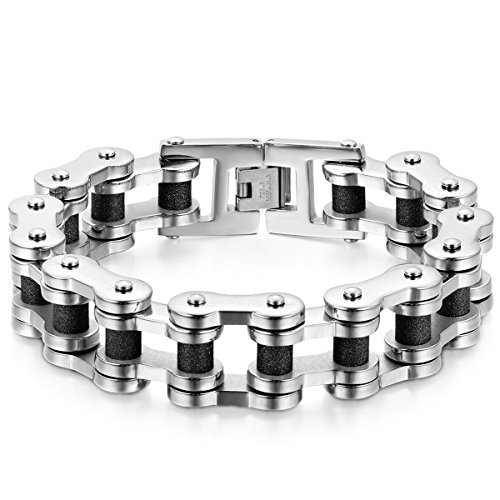 JewelryWe Schmuck Herren Armband, Gebürstet Poliert Fahrradkette Biker Link, Edelstahl, Schwarz Silber von JewelryWe