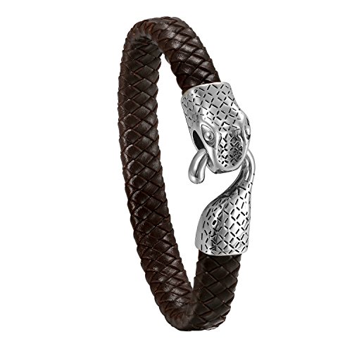 JewelryWe Schmuck Herren Armband, Gotik Edelstahl Schlange geflochten Leder Armband Armreif Geschenke für Männer, Braun Silber von JewelryWe