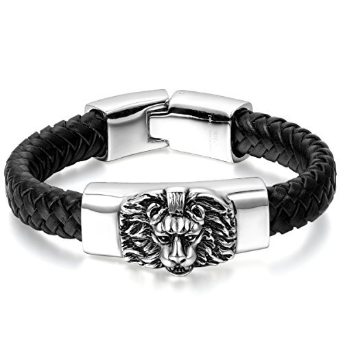 JewelryWe Schmuck Herren Armband, Gotik Löwe Geflochten Charms Armreif, Echtleder Leder Edelstahl, Schwarz Silber von JewelryWe