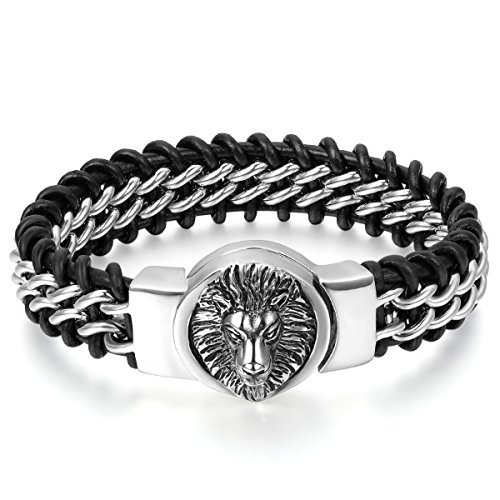 JewelryWe Schmuck Herren Armband, Gotik Löwe Geflochtene Kette Armreif, Echtleder Leder Edelstahl, Silber Schwarz von JewelryWe