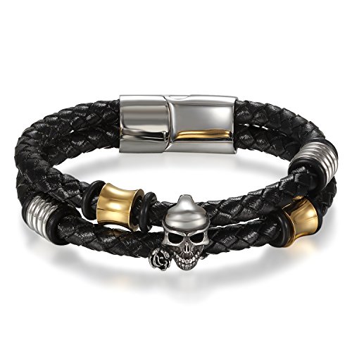 JewelryWe Schmuck Herren Armband, Gotik Totenkopf Schädel Geflochten Armreif, Leder Edelstahl, Magnet Verschluss, Schwarz Gold Silber von JewelryWe