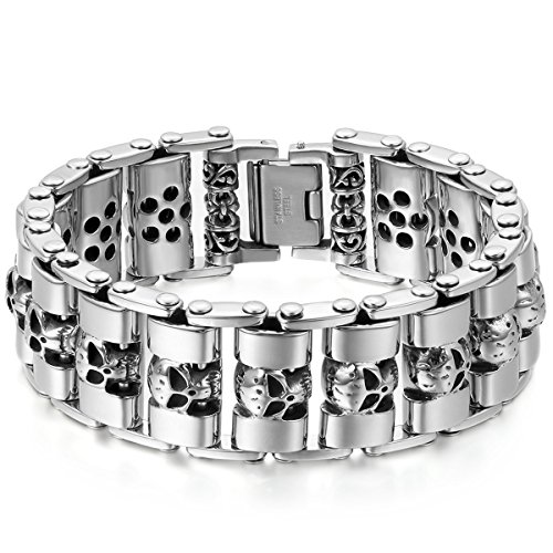 JewelryWe Schmuck Herren Armband, Gross Schwer Breit Totenkopf Schädel Biker Link, Edelstahl, Schwarz Silber von JewelryWe