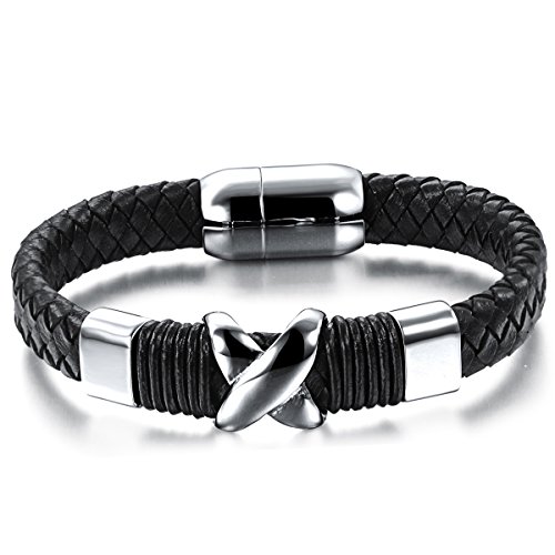 JewelryWe Schmuck Herren Armband, Infinity Kreuz Geflochten Biker Armreif, Leder Edelstahl, Magnet Verschluss, Schwarz Silber von JewelryWe