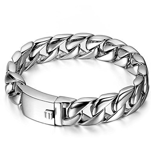 JewelryWe Personalisierte Schmuck Herren Armband, Klassiker Hochglanz Poliert Panzerkette Armreif, Edelstahl, Silber, kostenlos Gravur von JewelryWe