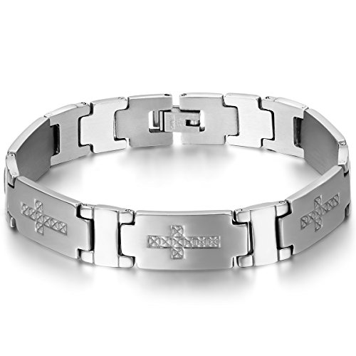 JewelryWe Schmuck Herren Armband, Klassiker Retro Kreuz I Link Armreif, Edelstahl, Silber von JewelryWe