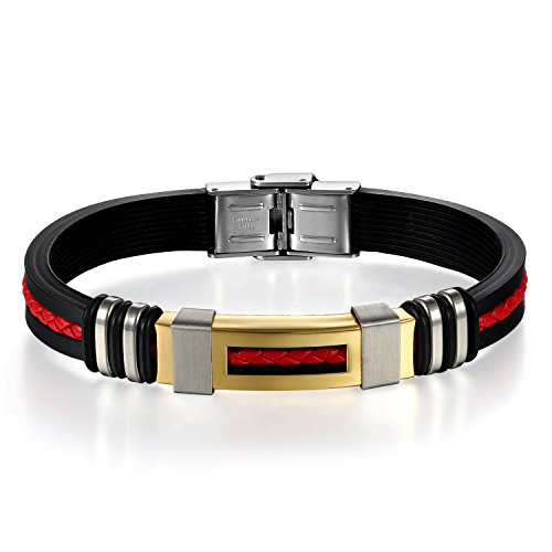 JewelryWe Schmuck Herren Armband, Klassisch Edelstahl Kautschuk Armreif Armschmuck mit Geflochten Leder Seil, Schwarz Gold Rot Silber von JewelryWe