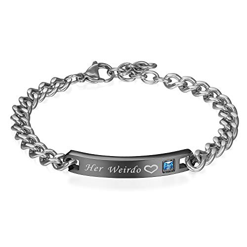 JewelryWe Schmuck Herren Armband, Lieben Freundschaftsarmband Geschenk, Her Weirdo Herz, Edelstahl Zirkonia, Schwarz Silber, kostenlos Gravur von JewelryWe