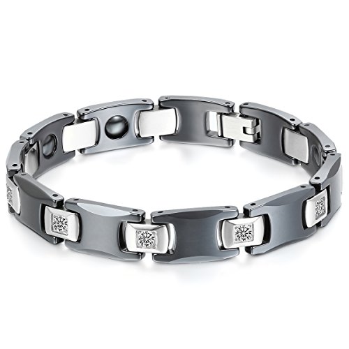 JewelryWe Schmuck Herren Armband, Lieben Freundschaftsarmband, I Rechteckig Link Magnet Charm, Zirkonia Diamant Edelstahl Keramik, Silber Schwarz von JewelryWe