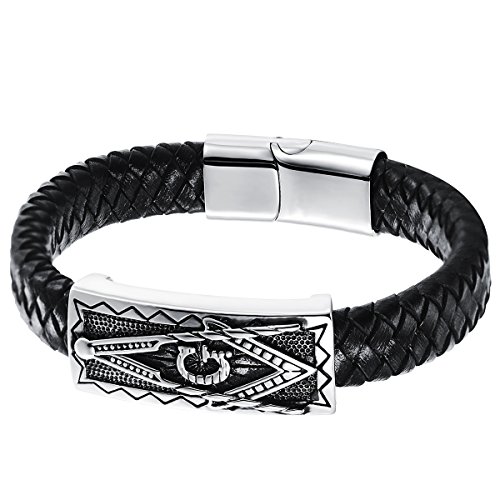 JewelryWe Schmuck Herren Armband, Retro Freimaurer Armreif, Leder Edelstahl, Magnet Verschluss, Schwarz Silber von JewelryWe