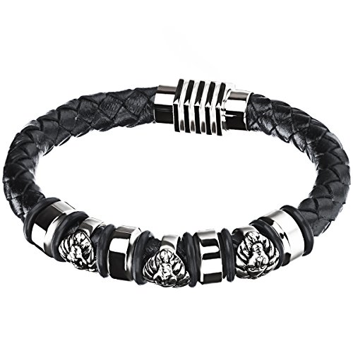 JewelryWe Schmuck Herren Armband, Retro Klassiker ägyptischen Pharaos Ringe Armreif, Leder Edelstahl, Schwarz Silber von JewelryWe