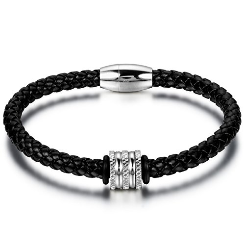 JewelryWe Schmuck Herren Armband, Retro Kreis Geflochtenes Leder Armreif mit Edelstahl Magnet Verschluss, Schwarz Silber von JewelryWe