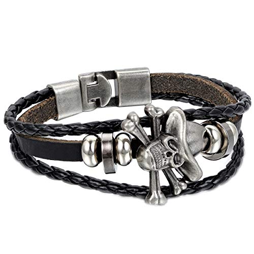 JewelryWe Schmuck Herren Armband, Retro One Piece Totenkopf Schädel Ringe Geflochten Armreif, Legierung Leder, Schwarz Silber von JewelryWe