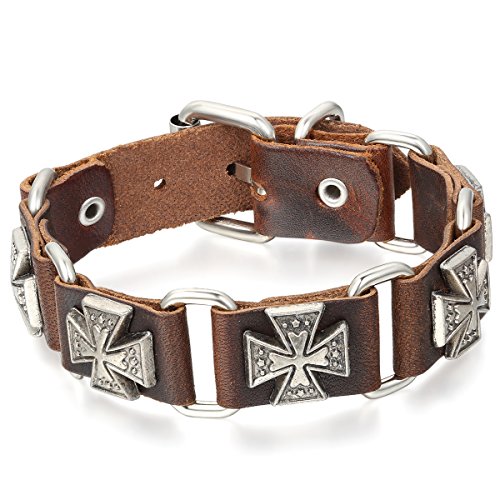 JewelryWe Schmuck Herren Armband, Retro Punk Rock Kreuz Armreif, Leder Echtleder Legierung, Braun Silber von JewelryWe