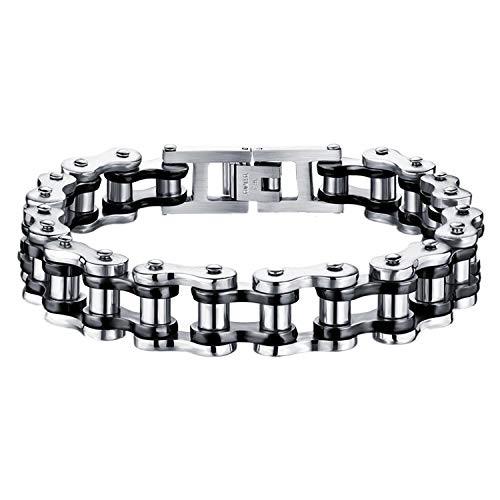 JewelryWe Schmuck Herren Armband, Schwer Biker Link Fahrradkette, Edelstahl, Schwarz Silber von JewelryWe