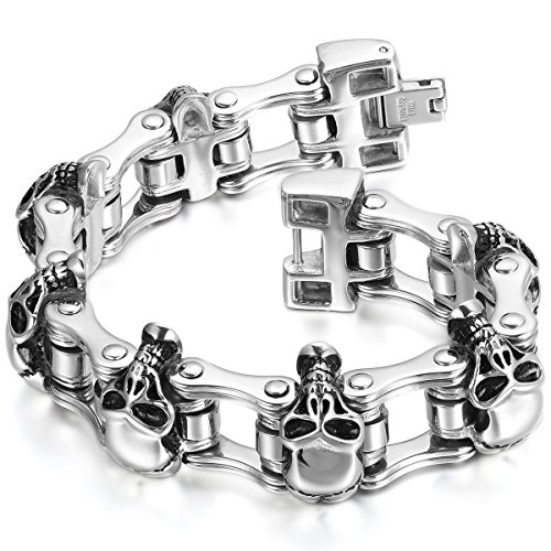 JewelryWe Schmuck Herren Armband, Schwere Gotik Tribal Biker Totenkopf Schädel, Edelstahl, Silber von JewelryWe