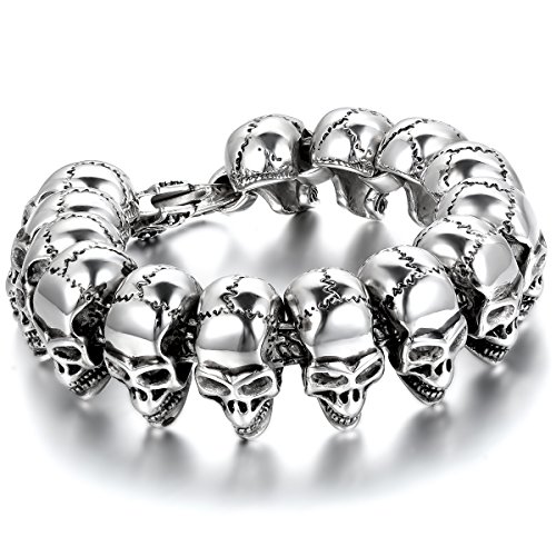 JewelryWe Schmuck Herren Armband, Schwere groß Breit Edelstahl Gotik Totenkopf Schädel Biker Armreif, Schwarz Silber von JewelryWe