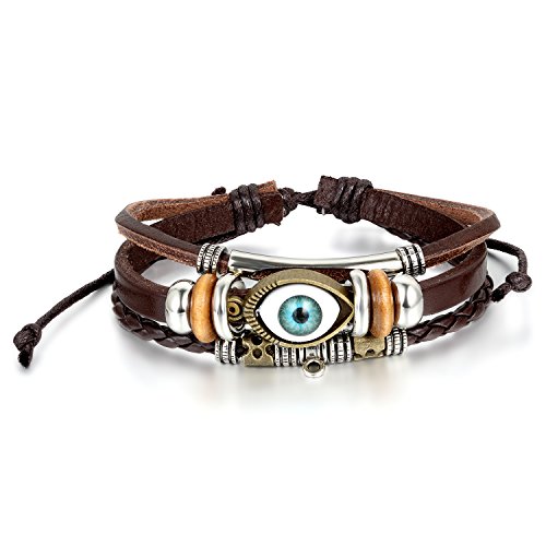 JewelryWe Lederarmband Herren Damen Auge: Vintage Tribal Mehrschichtig Leder geflochten Armband Armreif Surferarmband mit Auge des Bösen Blick Nazar Perlen Beads 20.5-27.5cm Verstellbar Braun von JewelryWe