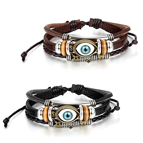 JewelryWe Schmuck Herren Armband, mit Engelsaugen Design Armreif 20.5-27.5cm Verstellbaren Größen, Leder Legierung, Schwarz von JewelryWe