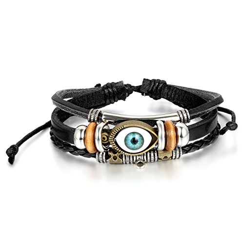 JewelryWe Schmuck Herren Armband, mit Engelsaugen Design Armreif 20.5-27.5cm Verstellbaren Größen, Leder Legierung, Schwarz von JewelryWe