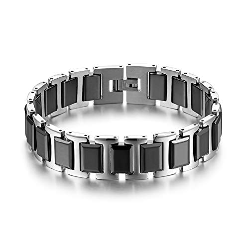 JewelryWe Schmuck Herren Armband 16mm breit schwer Edelstahl Keramik I Rechteck Link Gliederarmband Armreif Armkette Schwarz Silber von JewelryWe