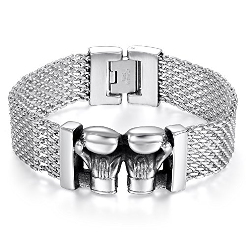 JewelryWe Schmuck Herren Armband Edelstahl Biker Retro Doppelt Boxhandschuhe Handschuhen Mesh Kette Armreif Armkette Geschenk Silber Schwarz von JewelryWe
