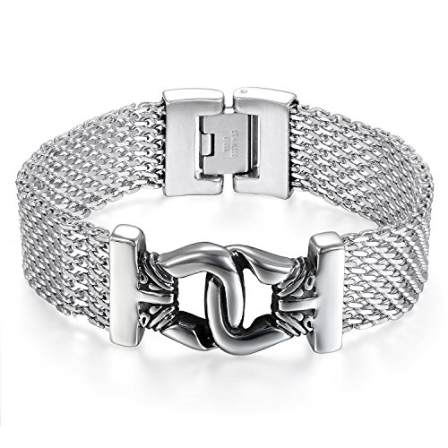 JewelryWe Schmuck Herren Armband Edelstahl Biker Retro Handschelle Mesh Kette Armreif Armkette Geschenk Silber von JewelryWe