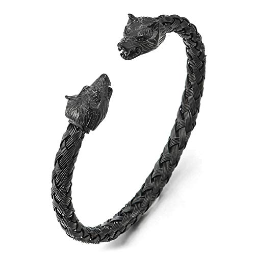 JewelryWe Schmuck Herren Armband Edelstahl Gegenüber Wolf Wolfskopf geflochten Draht Kabel Wikinger Biker Offen Armreif Armspange Schwarz von JewelryWe