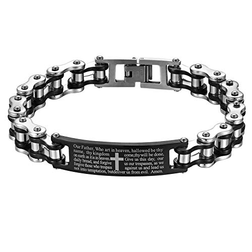 JewelryWe Schmuck Herren Armband Edelstahl Kreuz Bibel Fahradkette Motorradkette Biker Armreif Armspange Silber Schwarz von JewelryWe