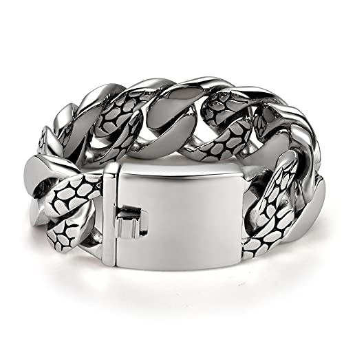 JewelryWe Schmuck Herren Armband Groß Schwer Edelstahl Panzerkette Armkette Schlangenmuster Glieder Cuban Link Kettenarmband mit Gravur Geschenke für Männer Silber von JewelryWe