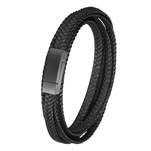 JewelryWe Schmuck Herren Armband Leder Geflochten Wickel Surfer Armband Armreif Lederband mit Schwarz Edelstahl Verschluss Schwarz von JewelryWe