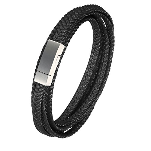 JewelryWe Schmuck Herren Armband Leder Geflochten Wickel Surfer Armband Armreif Lederband mit Silber Edelstahl Verschluss Schwarz von JewelryWe