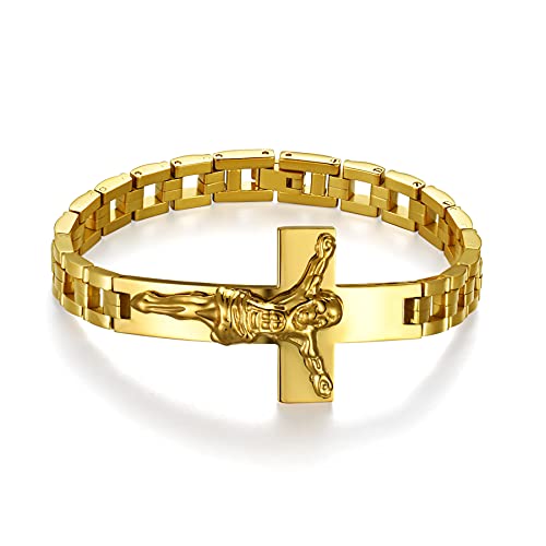 JewelryWe Schmuck Herren Armband mit Jesus Christus Kreuz Edelstahl Kruzifix Biker Link Handgelenk Armreif Armspange Vatertag Geschenk Gold von JewelryWe