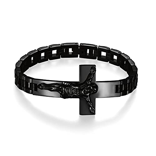 JewelryWe Schmuck Herren Armband mit Jesus Christus Kreuz Edelstahl Kruzifix Biker Link Handgelenk Armreif Armspange Vatertag Geschenk Schwarz von JewelryWe