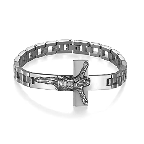 JewelryWe Schmuck Herren Armband mit Jesus Christus Kreuz Edelstahl Kruzifix Biker Link Handgelenk Armreif Armspange Silber von JewelryWe