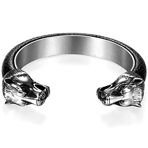 JewelryWe Schmuck Herren Armreif, Gegenüber Wolf Wolfskopf Biker Offen Armband Armspange, Edelstahl Leder, Schwarz Silber von JewelryWe