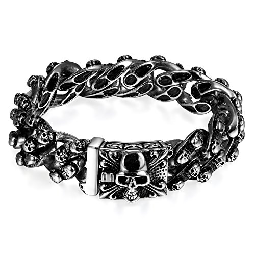 JewelryWe Schmuck Herren Biker Armband, Gotik Poliert Großes Edelstahl Panzerkette Armkette Armreif mit Fleur de Lis und Totenkopf Schädel, Silber von JewelryWe