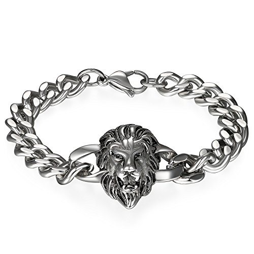 JewelryWe Schmuck Herren Biker Armband, Gotik Punk Rock Löwe Panzerkette Armkette Armreif, Edelstahl, Silber von JewelryWe
