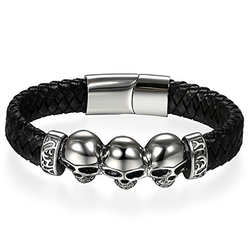 JewelryWe Schmuck Herren Biker Armband, Gotik Punk Rock Totenkopf Schädel Geflochten Leder Edelstahl Armreif Armschmuck, Magnet Verschluss, Schwarz Silber von JewelryWe